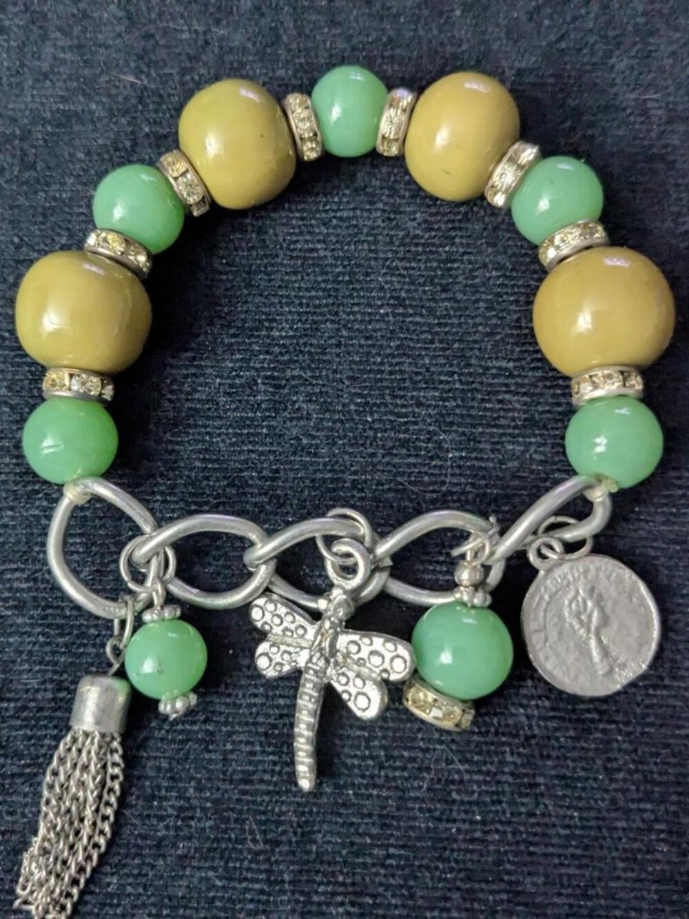 Pastel & Olive Green Beaded Bracelet w/ Charms
